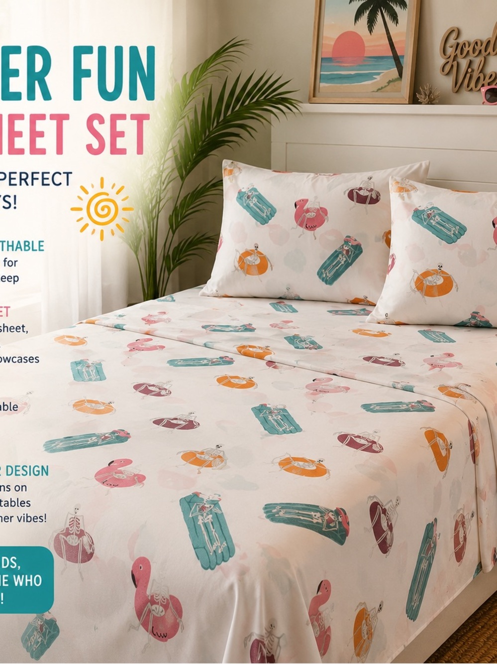 Summer Fun Pool Float Print Sheet Set - White